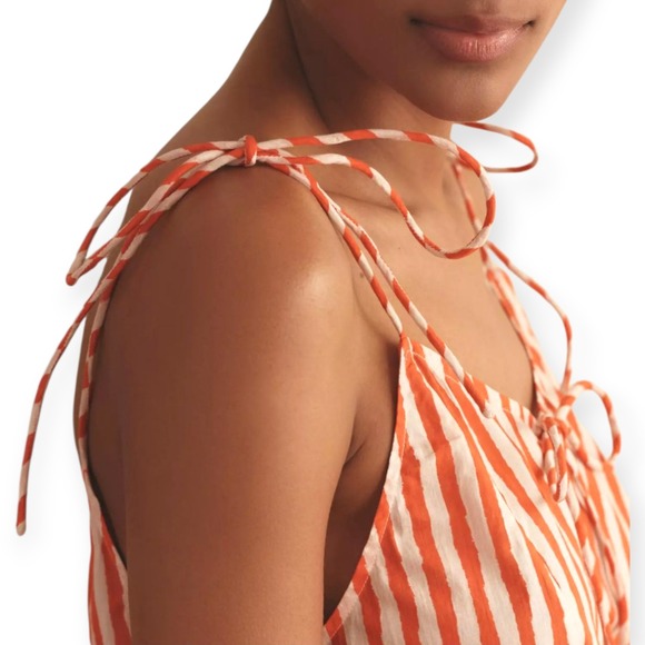 FARM RIO + ANTHRO Tie Strap Mini Nap Dress Cotton Orange Striped Boho Resort - Picture 3 of 12